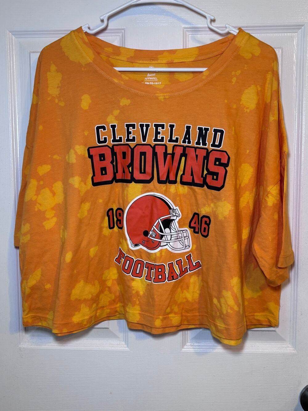 Cleveland Browns NFL Girls XL 15/17 Orange Bleach Tie Dye Crop T-Shirt